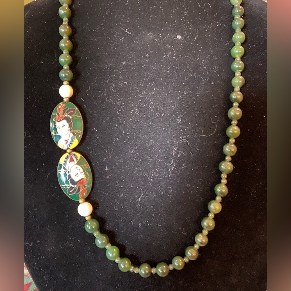 Exquisite Vintage Chinese Cloisonne, Grade A Jade with Silver Clasp Necklace